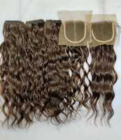 Extensions de cheveux humains brésiliens 100% naturels Remy, trame de cheveux bruts double épaisseur, mèches et closure 4x4, frontal brun foncé