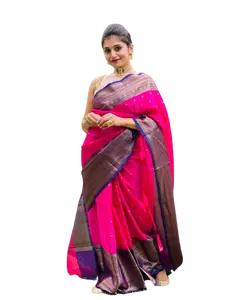 India & Pakistani Pink Blue Color Pure Silk Saree With Pure Golden Zari Weaving With Matching Silk Blouse Pieces