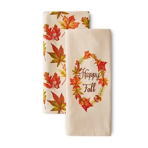 Toalha de chá de algodão orgânico, conjunto de 2 toalhas de cozinha com estampa de flores, folhas e outono 100%