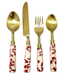 ชุดช้อนส้อมยุโรปทองเหลืองโบราณ,มีดโลหะหรูหราพร้อมที่จับเรซินชุด4ชิ้นสั่งทำได้ตามต้องการ - Product Image 2