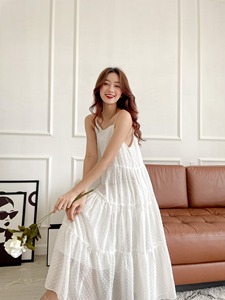 Vestido Maxi de Verano 2021, Blanco, de Gasa, Tejido, con Cintura Natural, Tirantes Finos, Estilo Bohemio, Dobladillo Circular Completo, Informal, para Playa, para Mujer - Product Image 2