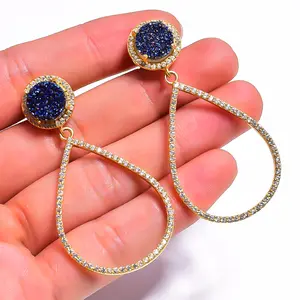 Latest Natural Blue Titanium Droozy Pave Gemstone Jewelry 925 Sterling Silver 18K Gold Plated Women Fashion Drop Earring SKER-73