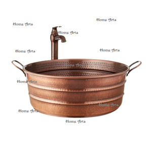 Évier martelé en cuivre de conception avantageuse avec poignées Évier de forme ronde de taille personnalisée pour la salle de bain et la cuisine - Product Image 1