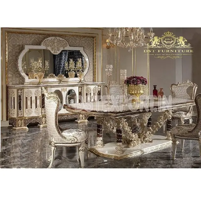 Meubles de salle à manger sculptés à la main polonais européen Rococo Ensemble de salle à manger de luxe en argent Acheter des meubles de salle à manger en bois