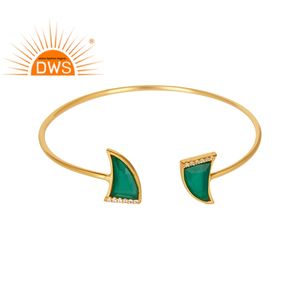 925 Sterling Yellow Gold Plated <b>Silver</b> Open <b>Bangle</b> Cuff Wholesaler Natural Green Onyx Gemstone Cuff <b>Bracelet</b> Jewelry - Product Image 1