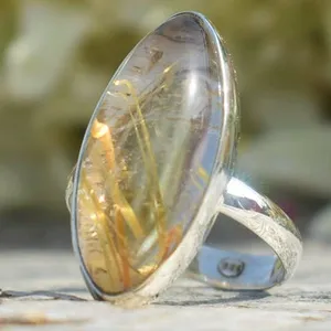 Grosir Perhiasan 925 Perak Murni Cincin Batu Kuarsa Rutil Menakjubkan Perhiasan Buatan Tangan