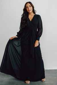 Robe maxi à manches longues pour vacances d'été pour femmes noir tissé uni avec taille naturelle lavable robe de grande taille teinte unie - Product Image 3