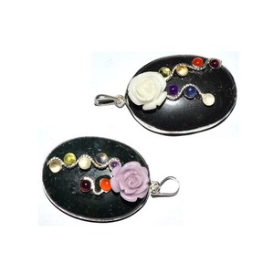 Pendentif ovale en tourmaline noire pour la fabrication de bijoux avec incrustation de fleur de rose, Feng Shui, Reiki, décoration intérieure - Product Image 1