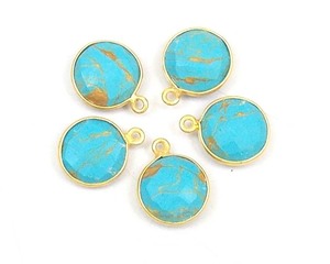 Eslabón de joyería de latón de forma redonda hecho a mano, piedra preciosa de cobre turquesa con conector de bisel de fianza único chapado en oro - Product Image 1