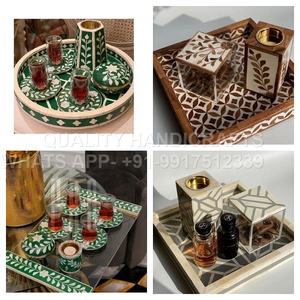 Plateau de service rectangulaire artisanal en bois avec incrustations de motifs floraux en os naturel, décoration d'intérieur, artisanat de qualité indienne, 32x23x5 cm - Product Image 6