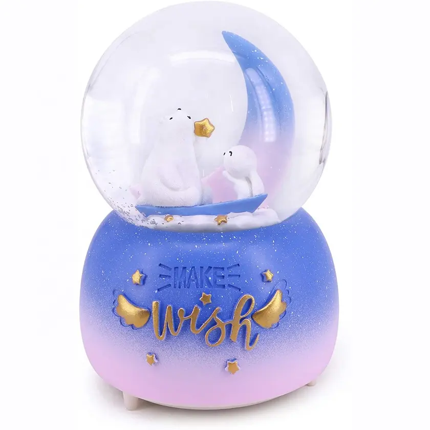 Custom Wholesale Cute Rabbit & Bear Musical Snow Globe with Color Changing LED Lights for Wedding Home Decor