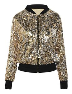 Women's <b>Glitter</b> Regular Sleeve Zipper Bomber <b>Jacket</b> Spring Canvas Stand Collar Breathable Thick - Product Image 1