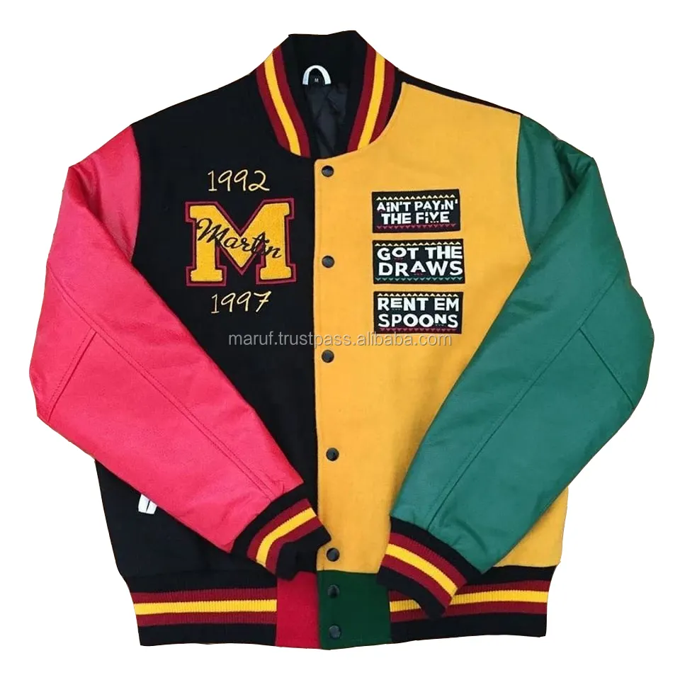 Colorful Green Yellow Black Pink Custom Baseball College Varsity Jacket Chenille Patches MSWVJ050 For Students