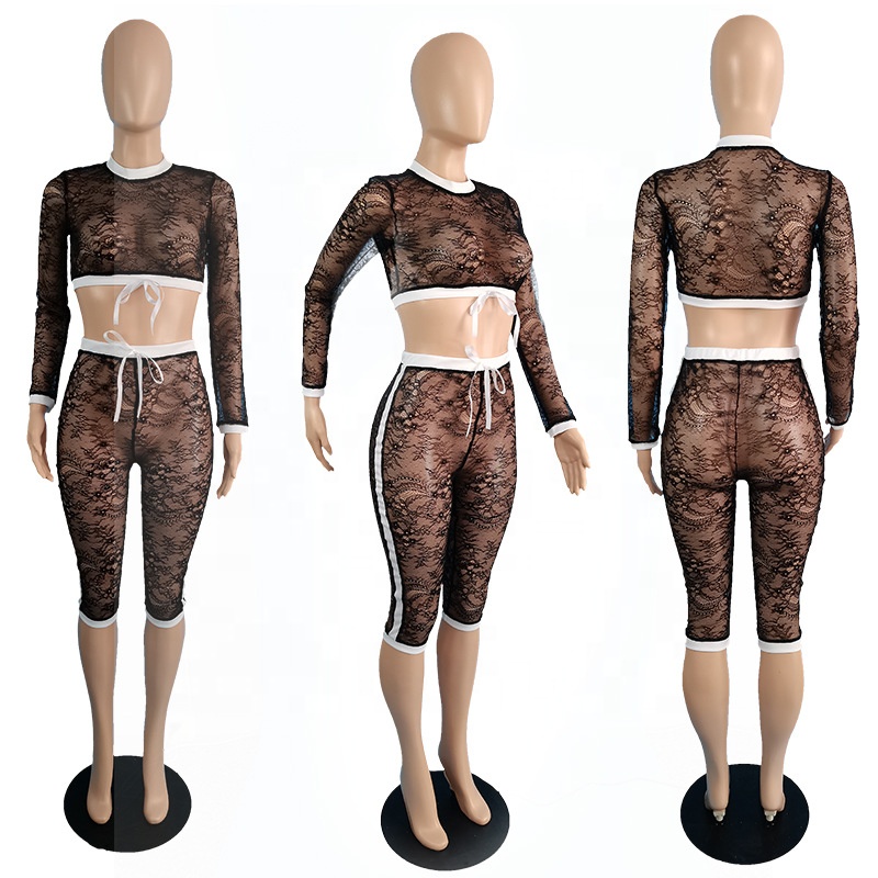 QC-TC077 2021 трендовые прозрачного кружевного полотна с длинным рукавом Топ и короткие штаны, черный комплект из двух предметов, комплект с шортами