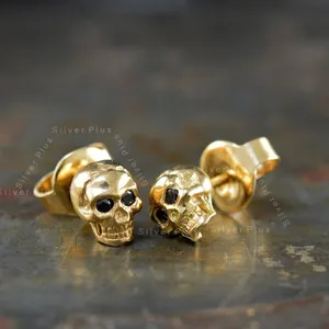 Solid Sterling silver Over Gold vermeil skull stud earrings black cubic zirconia Gemstone handmade Delicate Micron new Jewelry