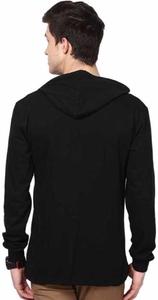 Camiseta de Manga Larga con Capucha Negra para Hombre, con Ribete en Contraste Rojo, Tejido Casual, Color Sólido, Corte Regular - Product Image 2