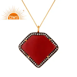 Fabulous Red Aventurine CZ Gemstone Pendant Jewelry Wholesaler 18k Gold Plated Silver 925 Chain Necklace Jewelry Supplier