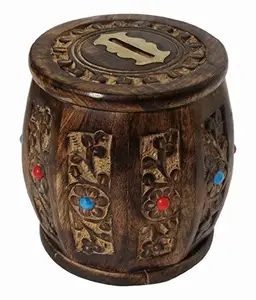 Handcrafted Antique Dholak Shaped Wooden Money Bank