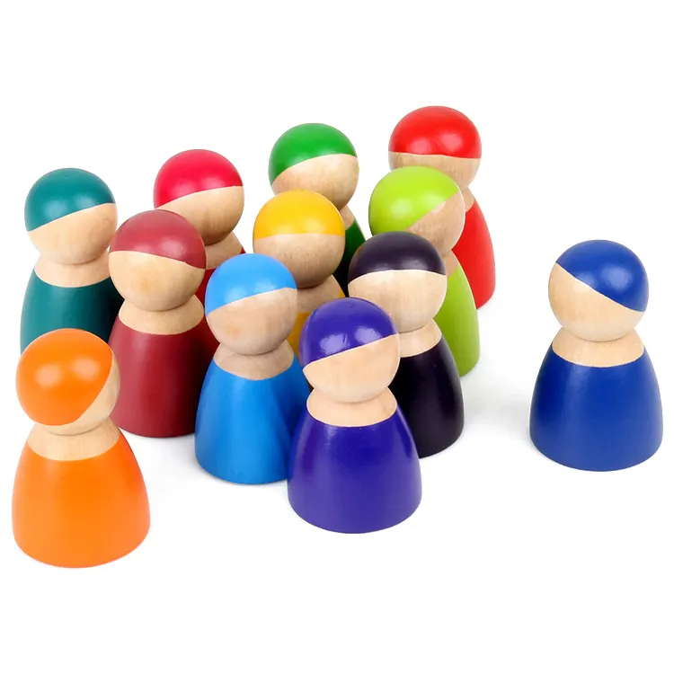 Conjunto de bonecas de arco-íris, kit de 12 bonecos de madeira de brinquedo educativo, decorativo para crianças