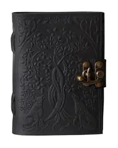 Handmade Embossed Jeans Print Leather Style Tree Under Double Wolf Antique Design Notebook & Sketchbook