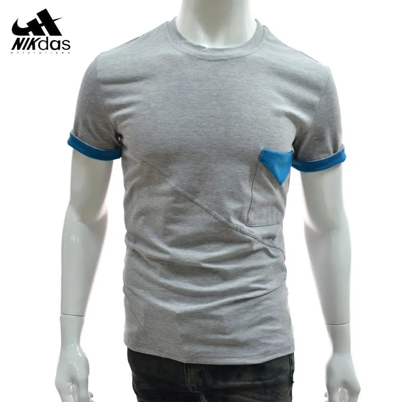 Özel t shirt OEM hizmetleri erkekler organik pamuk yuvarlak boyun T shirt ile iki renk cep nefes unisex ekip boyun tee