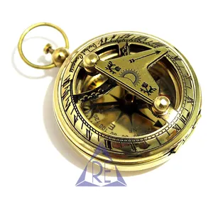 Vintage Brass Sundial Pocket Mini Compass Polished Push Button Collectible Gift Hiking Camping Compass