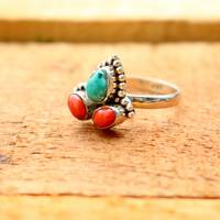 Bague Cocktail Tendance Classique en Argent Sterling 925 Certifié IGI avec Pierre Précieuse Corail Turquoise Faite à la Main pour Mariage et Fêtes – Vente en Gros