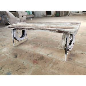 Commercial Industrial Indian Style <b>White</b> Washed Wood and Iron <b>Dining</b> <b>Table</b> with Wind Wheels Home Furniture for <b>Dining</b> Room - Product Image 4