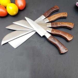 Juego de cuchillos de Chef de hoja fija mango de madera hecho a mano de acero inoxidable hecho a medida de fábrica Rose 5 uds cuchillo de caza para acampar al aire libre PK - Product Image 6
