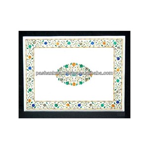 Plateau de table en marbre blanc avec incrustation de fleurs, travail artisanal en Pietre Dura - Product Image 1