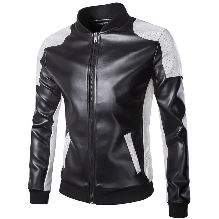 Hot sale fashionable men black and white leather jacket custom made motorcycle Jacket