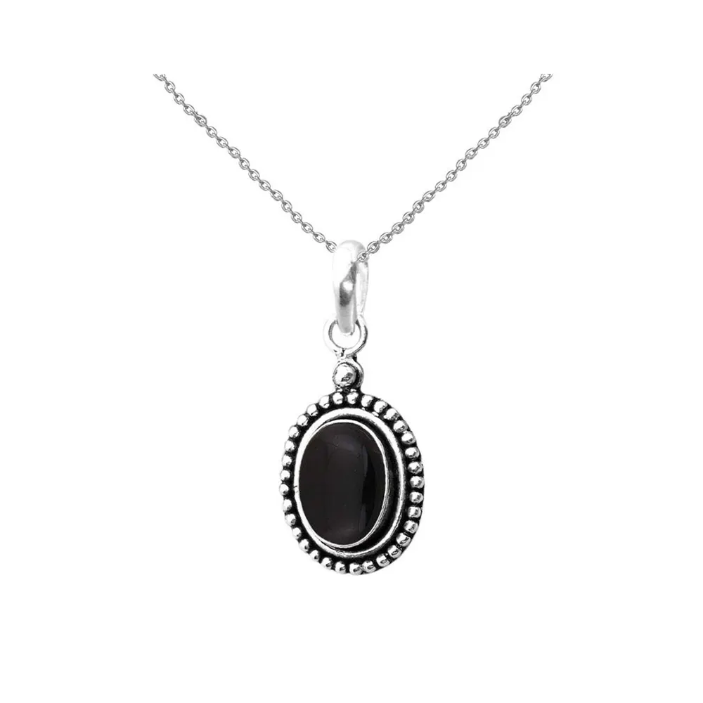 Latest New Collection Natural Black Onyx 925 Sterling Silver Bohemian Oval Shape Gemstone Pendant With Silver Chain