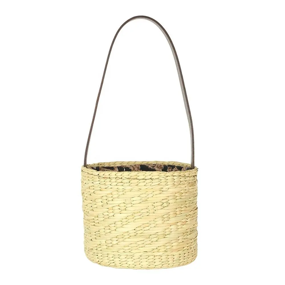 Eco-Friendly Handmade Grass and Straw Beach Basket with Leather Brown Strap from India for Women Fashion
