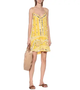 New Sassy Yellow Mini Boho dress Featured With Geometric Print Embroidered Mirror Sequins Cotton Fabric With Spaghetti Strap