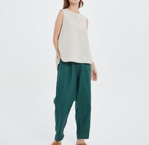 <b>Elastic</b> Waist Loose Crepe Linen Natural Waist Pants Women Solid Color Formal Summer Breathable Straight Hem - Product Image 3