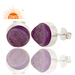 Pendientes de tuerca redondos de ágata Druzy púrpura Natural para mujer, venta al por mayor, joyería de plata fina, Colección clásica - Product Image 1