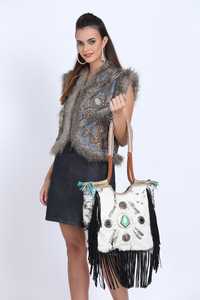 Bolso de compras Vintage de moda para mujer hecho a mano tradicional indio piel de vaca cuero genuino cremallera algodón bordado a mano - Product Image 3