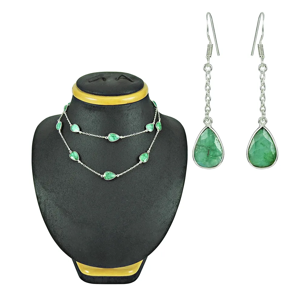 Bezel Collection 925 sterling silver Green Emerald gemstone earrings necklace jewelry set silver jewelry wholesalers