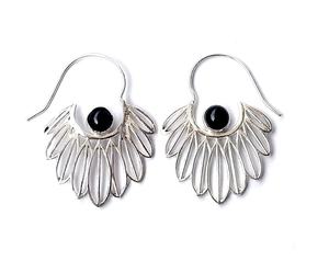 Pendientes de aro de ónix negro Chapado en plata de estilo bohemio para mujer, joyería de piedra preciosa - Product Image 1
