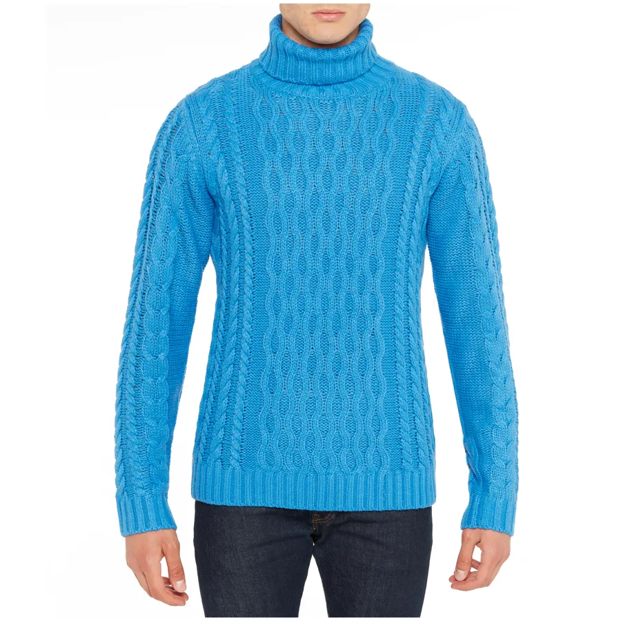 Best quality turtleneck men clothing long sleeve light blue acrylic knitted sweater with braids