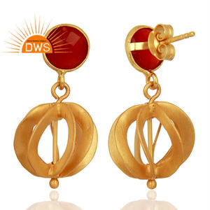 Pendiente colgante chapado en oro de 18 quilates de plata de ley con bola de filigrana de piedras preciosas de ónix rojo para mujer, regalo para su colección clásica - Product Image 2