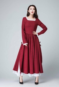 Robe en lin écologique à volants, couleur bordeaux unie, à bretelles, taille basse, coupe évasée, pour soirée, avec une belle fente latérale, pour femmes - Product Image 2