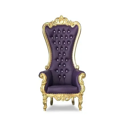 Ghế King Throne Ghế Có Cúc Bằng Gỗ Và Da Màu Tím Và Vàng Với Lưng Dài Sử Dụng Cho Đám Cưới