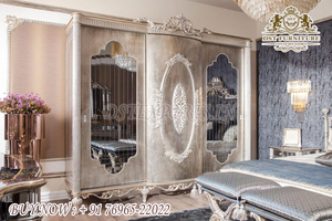 Conjunto de muebles de dormitorio tallados, Set de cama y dormitorio con acabado clásico de madera y plata, Ultra lujoso, Moderno - Product Image 4