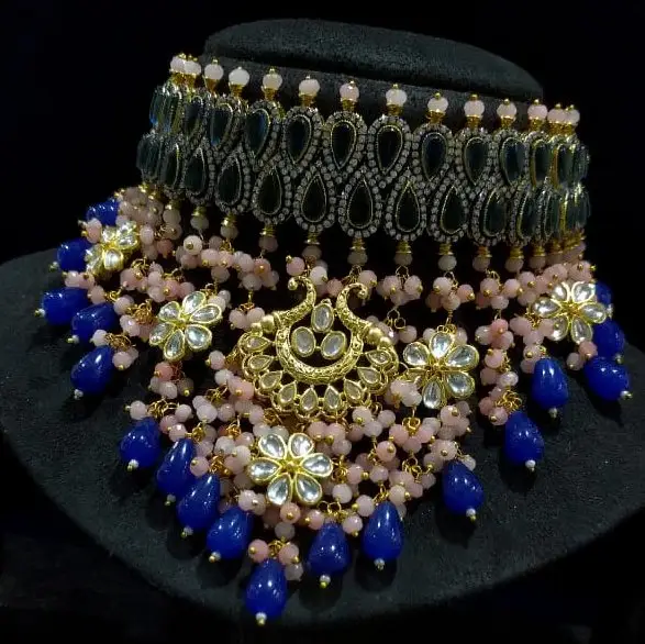 India Top produttore di gioielli tradizionali Kundan set collana orecchino matrimonio indiano khundhan Meena lavoro perline drop work