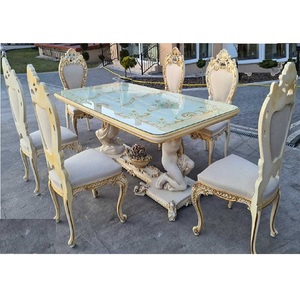 Ensemble de salle à manger en teck moderne luxueux de 7 pièces, table à manger blanche et dorée sculptée à la main - Product Image 1
