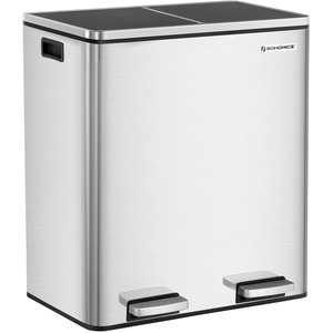 SONGMICS Fingerprint Proof Stainless Steel 2 x 30L Rubbish Trash Can Double Recycle Pedal Bin with Dual Compartment