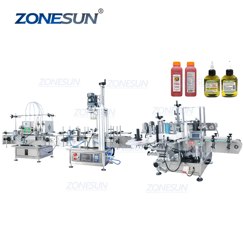 Zonesun Automatische Desktop Inkt Drank Melk Thee Wijn Oogdruppels Fles Vloeibare Vulling Capping Dubbele Kant Etikettering Machine Lijn