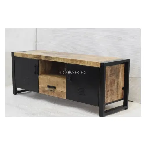 Hoge Kwaliteit Unieke Antieke Rustieke Vintage Industriële Houten Tv-Kast Met Metalen Ijzer Base Tv-Standaard Tafel Met Opberglade