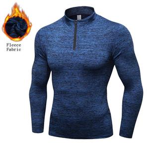 Chemise à manches longues en polaire pour homme, fermeture éclair, coupe ajustée, sportive, bleue, séchage rapide, col montant, haut de sport - Product Image 1